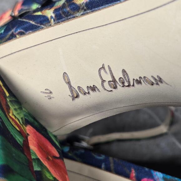 Sam Edelman Yaro Shoes Womens Size 7.5 Floral Blue Block Heel Sandal Ankle Strap - Picture 12 of 13